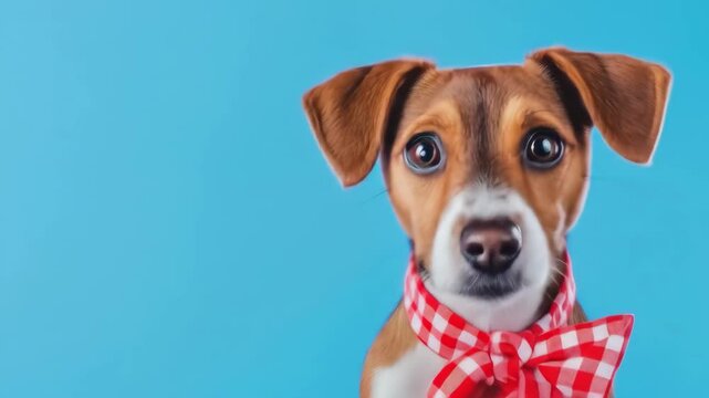 Cute Puppy with Red Bow Tie on Blue Background - An adorable Jack Russell Terrier puppy looks directly at the camera, wearing a red and white gingham bow tie.