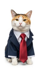 A cat dressed in a formal business suit and tie, standing upright with a confident expression, combining wildlife charm with corporate style
