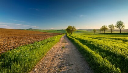 greens and browns converge along a dirt path under clear skies in a rural landscape during late afternoon in spring