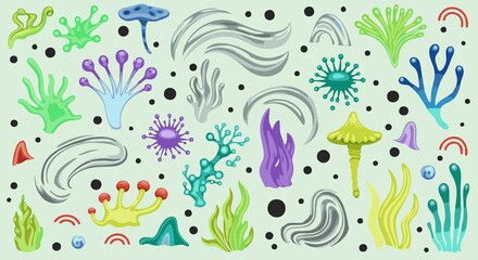 Naklejka premium Vibrant collection of whimsical, bioluminescent underwater flora and fungi.