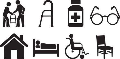 Fototapeta premium Black and white icons depicting elderly care and assistance aids