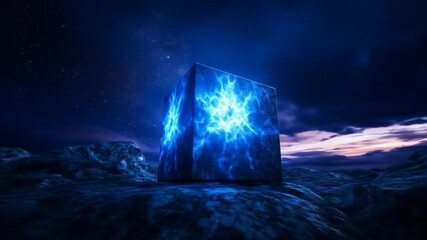 Glowing Monolith at Night - A large, dark monolith glows with blue energy against a backdrop of a star-filled night sky and rocky terrain. The scene evokes a sense of mystery and the unknown. - Powered by Adobe