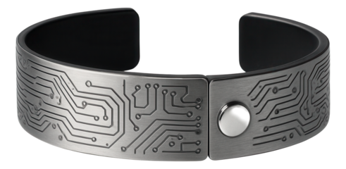 Steel cuff bracelet with engraved circuit pattern and snap closure