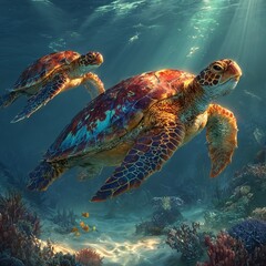 Obraz premium Two sea turtles swimming underwater in coral reef