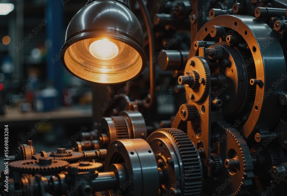 Poster inspection lamp illuminating intricate machinery in a workshop setting