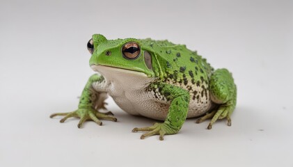 Fototapeta premium A lone toad, vibrant green skin, sits on a pure white background , cute, bumpy, reptile