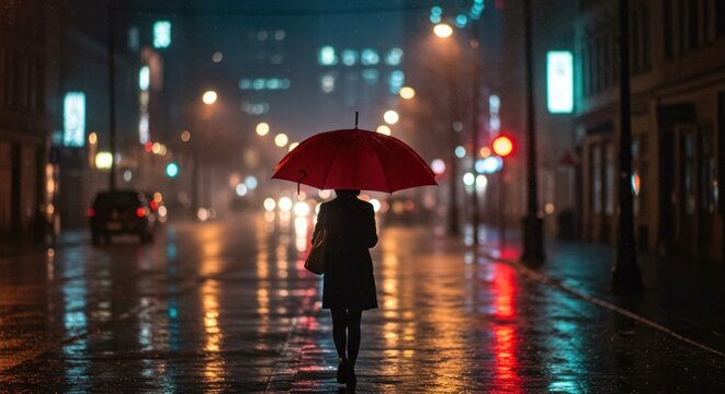 Woman with red umbrella walks down wet city street at night. - Powered by Adobe