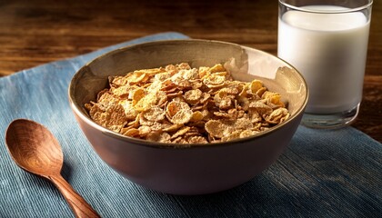 breakfast bowl filled with cereal and a glass of milk beside it