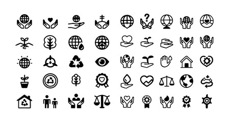 Fair Trade and Sustainability Line Icon Set – Thin Vector Illustration of Ethical Practices, Eco-Friendly Initiatives, Green Economy, and Global Responsibility