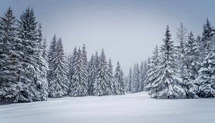 tranquil winter wonderland scene with a forest of tall pine trees heavily laden with fresh powdery snow under a soft overcast sky or gentle snowfall