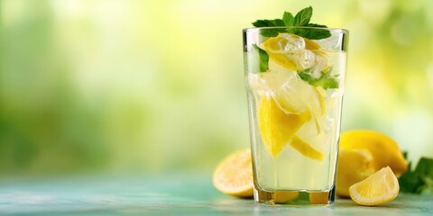The refreshing lemonade drink with ice and mint garnish on a sunny day.