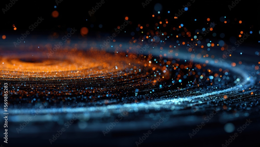 Poster 3d render, an abstract futuristic background with glowing blue and orange dots on a black surface fo