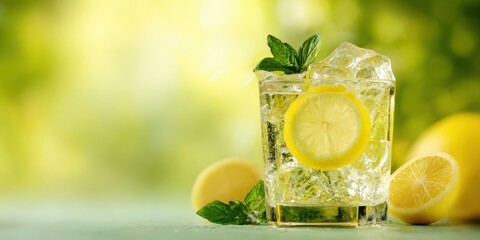 The refreshing glass of lemonade with mint and lemon slices.