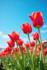 Fototapeta premium Close-up vibrant red tulips row, blue sky background, outdoor, bloom