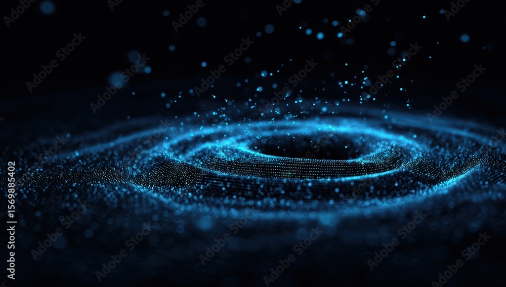 Poster 3d render, abstract background with a glowing blue circular wave made of dots and particles on a dar