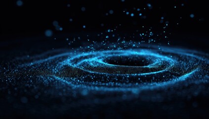 3D render, abstract background with a glowing blue circular wave made of dots and particles on a dark black background Concept for digital technology, data science Generative AI