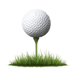 Golf ball on tee with grass patch, isolated on transparent background