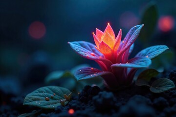 Bioluminescent Alien Plant Glowing Softly in the Dark, Intricate Leaves and Vibrant Otherworldly Colors, Perfect for Sci-Fi, Fantasy, or Surreal Backgrounds.