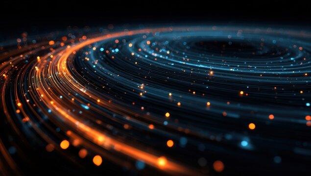 3D render, abstract digital background with glowing blue and orange dots forming a circular shape on a dark black backdrop Generative AI
