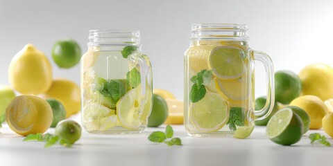 The refreshing citrus beverages with lemons, limes, and mint leaves in glass jars.