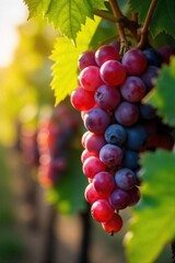 Sunlit Ripe Wine Grapes Hanging on Vine, Ready for Harvest.  A Close-up showcasing the juicy berries and beauty of viticulture, promising fine wine.