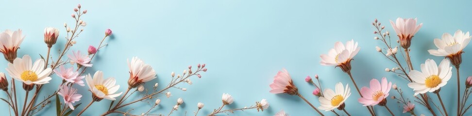 Fototapeta premium Delicate dried flower garland, pale blue backdrop, vintage, autumn, rustic