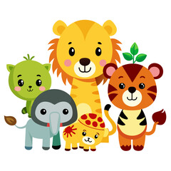 Naklejka premium Cute Jungle Animal Vector Set for Kids | Cartoon Lion, Elephant, Tiger, Giraffe
