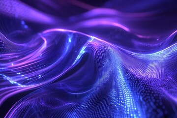Abstract wavy purple and blue digital fabric with glowing particles