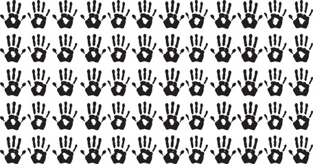 Repeating pattern of black handprints on a white background