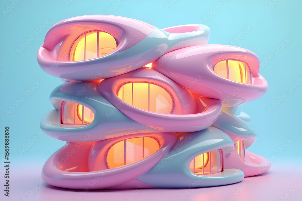 Poster vibrant digital render of stacked modular pods with rounded shapes and luminous windows in a futuris