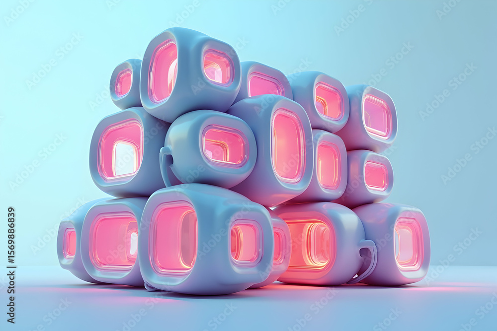 Poster vibrant digital render, modular pods stacked in futuristic configuration illuminating with soft pink