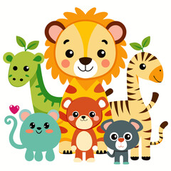 Naklejka premium Cute Jungle Animal Vector Set for Kids | Cartoon Lion, Elephant, Tiger, Giraffe