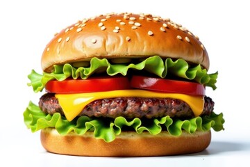 Gigantic juicy hamburger, isolated on white background, snack, onion, tomato