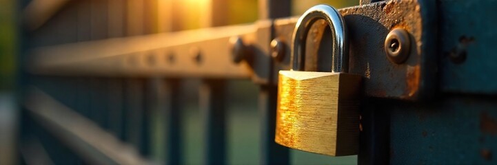 Secure Golden Padlock on Sturdy Metal Gate  Symbol of Impeccable Protection and Reliability