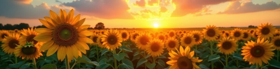 Golden hour light bathes a vibrant sunflower field at sunset , sunflowers, majestic