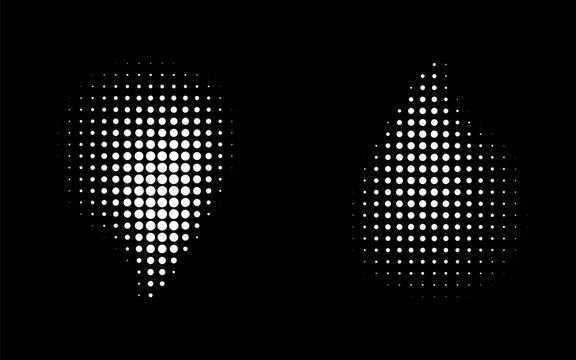 White Halftone Vector Dots Curved Gradient Pattern Background. Curve Dotted Drop using Halftone Circle Dot Texture. Vector Shape Half Tone. Abstract Logo Design Element.