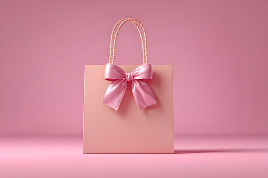 Pink Gift bag, luxury shopping bags with satin ribbon. on pink background for product presentation, Mother's Day present, Valentines Day. 