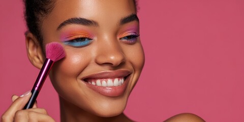 The radiant woman applying colorful makeup against a vibrant pink background.