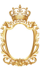 A luxurious, ornate gold frame with crown, baroque-style floral and leaf motifs. Regal and vintage appearance. Perfect for classic art, antique design elements, or decorative projects. SVG