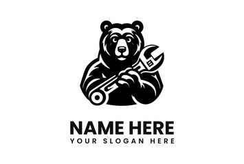 Black and white logo featuring a bear holding a wrench, ideal for a business needing a strong, animal-themed identity.