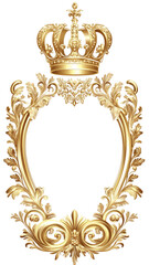 A luxurious, ornate oval gold frame with crown, baroque-style floral and leaf motifs. Regal and vintage appearance. Perfect for classic art, antique design elements, or decorative projects. SVG