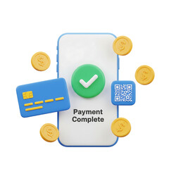 3D mobile payment complete. Smartphone with checkmark, credit card, and QR code for fintech. Isolated on transparent background, png
