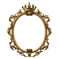 A luxurious, ornate oval gold frame with crown, baroque-style floral and leaf motifs. Regal and vintage appearance. Perfect for classic art, antique design elements, or decorative projects. SVG