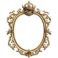 A luxurious, ornate oval gold frame with crown, baroque-style floral and leaf motifs. Regal and vintage appearance. Perfect for classic art, antique design elements, or decorative projects. SVG