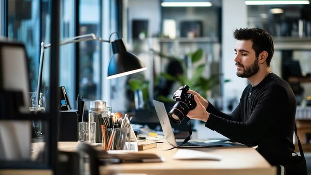 Young Professional Photographer Reviewing Images on Laptop in Modern Office Environment looking at