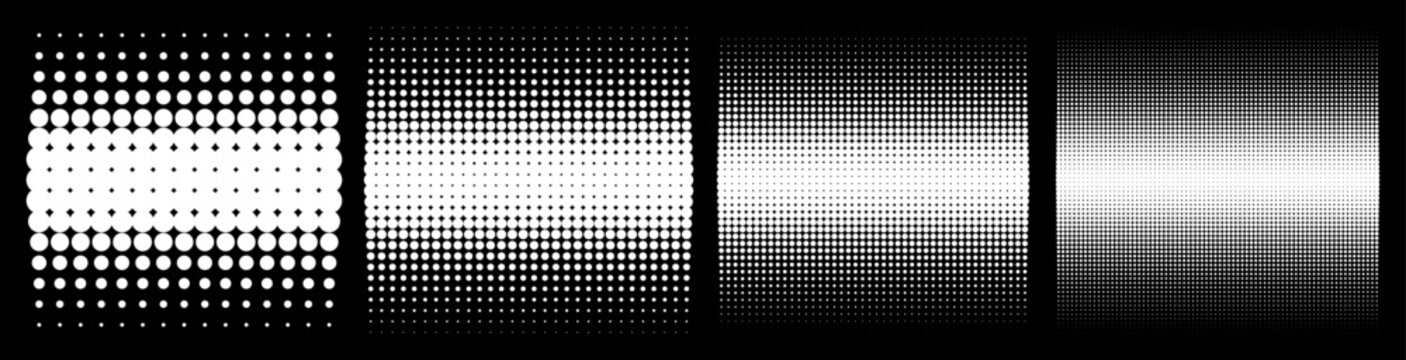 Set of white halftone circle dots gradient pattern textures. Half tone dots backgrounds. Horizontal templates using halftone dots pattern. Vector illustration