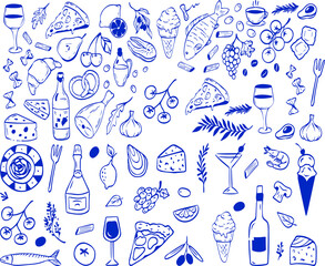 Hand drawn italian food set. Mediterranean lunch and dinner icons in doodle sketch. Lemons, pasta, tomato, pizza, cheese, wine. Italian summer vacation. Dolce vita aesthetics. Vector illustration.