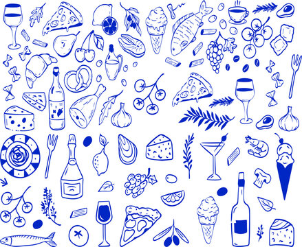 Naklejki Hand drawn italian food set. Mediterranean lunch and dinner icons in doodle sketch. Lemons, pasta, tomato, pizza, cheese, wine. Italian summer vacation. Dolce vita aesthetics. Vector illustration.