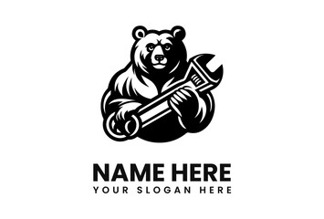 A muscular bear holding a wrench, presented as a logo design, with text placeholders for a name and slogan.