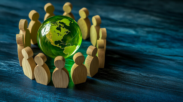 Wooden people surround a green globe on a blue surface